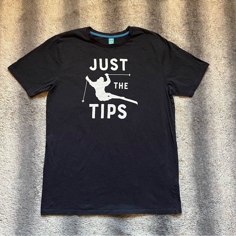 Black Graphic Skiing T-Shirt Just The Tips Men’s Large Black Tee White Logo